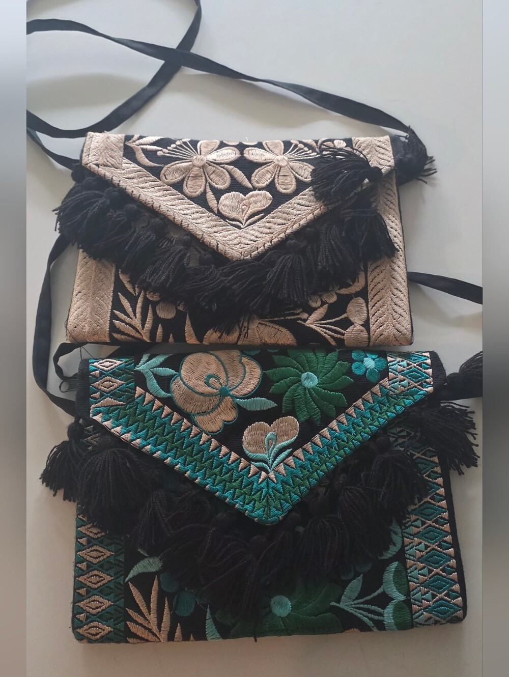 Embroidered Floral Tassel Crossbody Bag — Black with Teal and Beige Accents